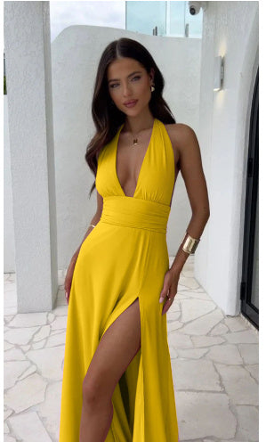 Summer Halterneck V-Neck Slit Dress