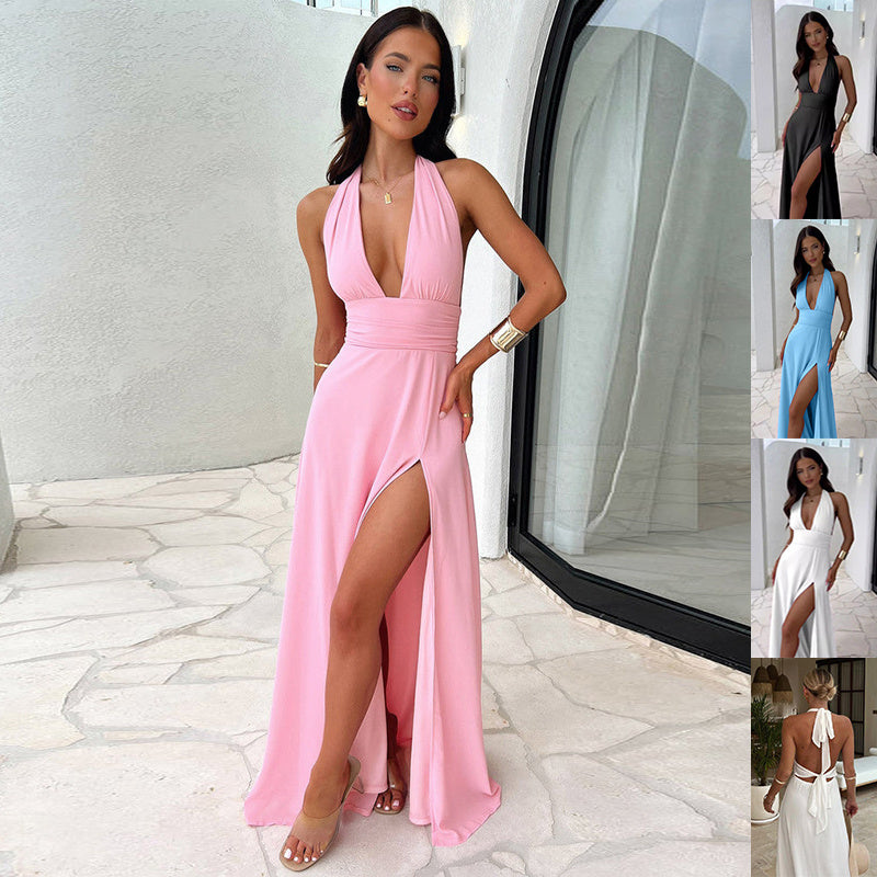 Summer Halterneck V-Neck Slit Dress